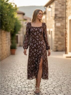 miami Brown Midi Dress with Lilac Floral Print